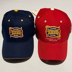 Reebok Vintage Superbowl XXXVIII Hats Red + Blue Adjustable Strap back Lot of 2